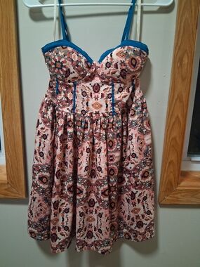 Band of Gypsies Pink Floral Print Corset-style Dress with Blue Trim